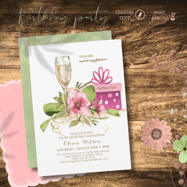 Convite Água-forte Rosa Magnólia Champanhe Anivers (Chic Watercolor Pink Magnolia Champagne Birthday Invitation)