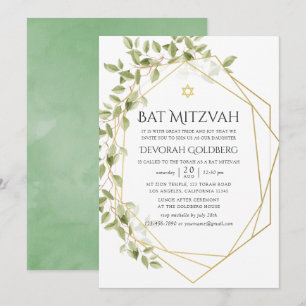 Convite Água-forte Verde Geométrico Bat Mitzvah
