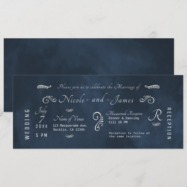 Convite Água-furtada Azul-Marinho Moderno Casamento Aquare (Frente/Verso)