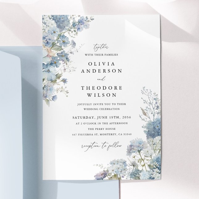 Convite Água-furtada Floral Azul Empoeirado Casamento Eleg (Dusty blue watercolor floral wedding invitation, hydrangea blooms, romantic garden style stationery)