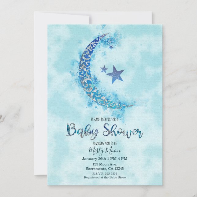 Convite Água-marinha Mística Azul e Prata Meia Lua (Frente)