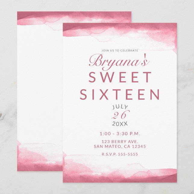 Convite Água-marinha Rosa Moderno Doce 16 (Frente/Verso)