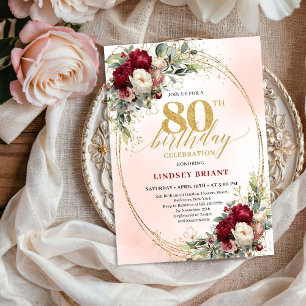 Convite Água-mole Floral Borgonha para 80º Aniversário 
