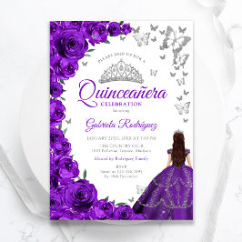 Convite Água Púrpura Prata Floral Quinceanera