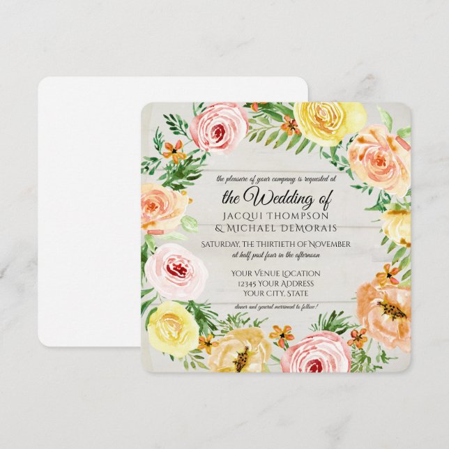 Convite Água Rosa Floral Rosa Wreath  Madeira russa (Frente/Verso)