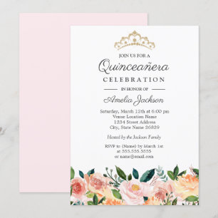 Convite Água-tinta Floral de Bege Rosa Quinceanera