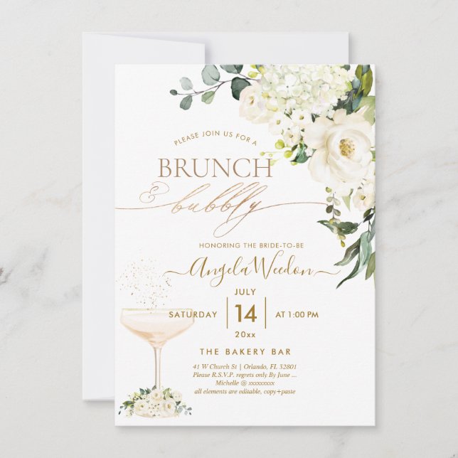 Convite Água-tinta Rosas de Alabastro Brunch Bubbly (Frente)
