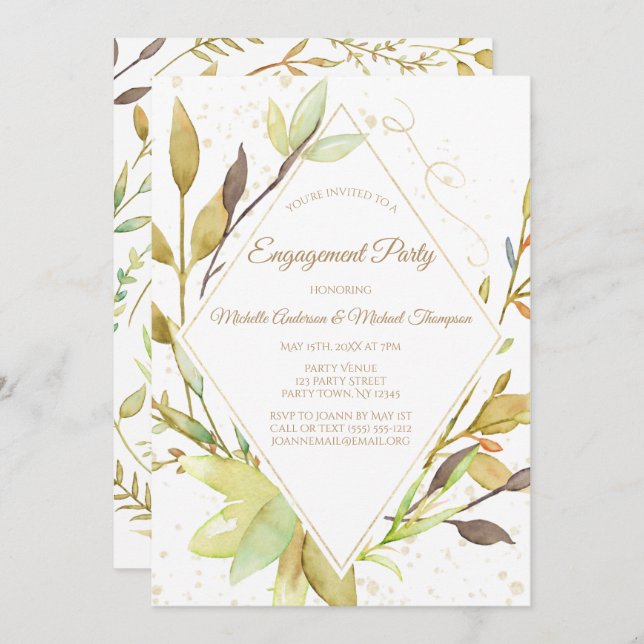 Convite Água verde Folha Dourada Festa de noivado (Frente/Verso)