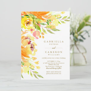 Convite Água-viva Outonal Amarela Floral Elegante Casament