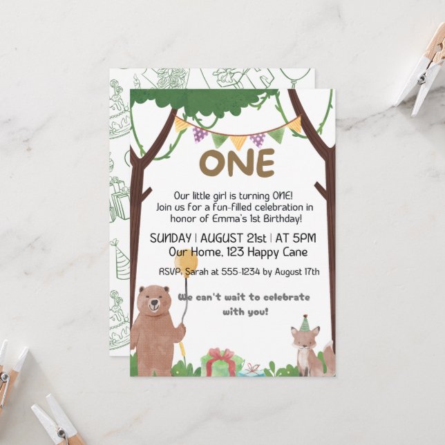 Convite Aguardações de aniversário selvagem: 1 ano de conv (Frente/Verso In Situ)