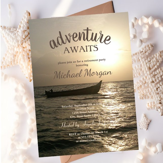 Convite Aguardações de Aventura,Boat Sunset Sea Retirement (Criador carregado)