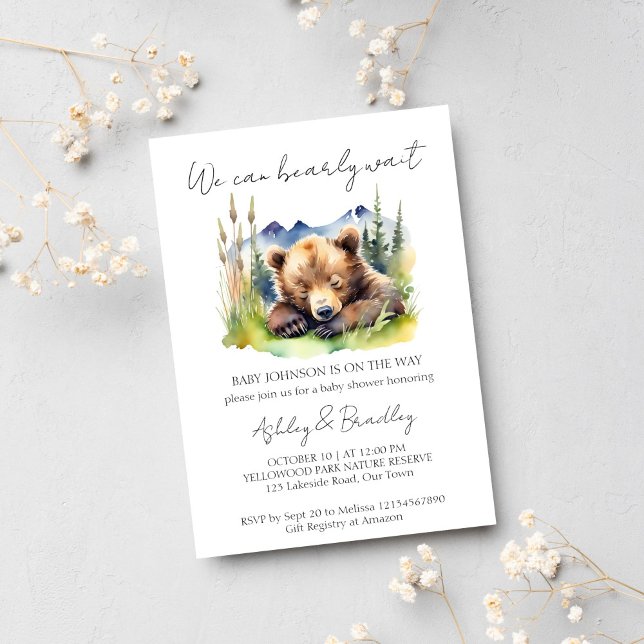 Convite Aguardar cedo a aventura do filhote espera chá de  (Bearly wait adventure awaits baby shower template invitation instant download cute sleeping bear cub)