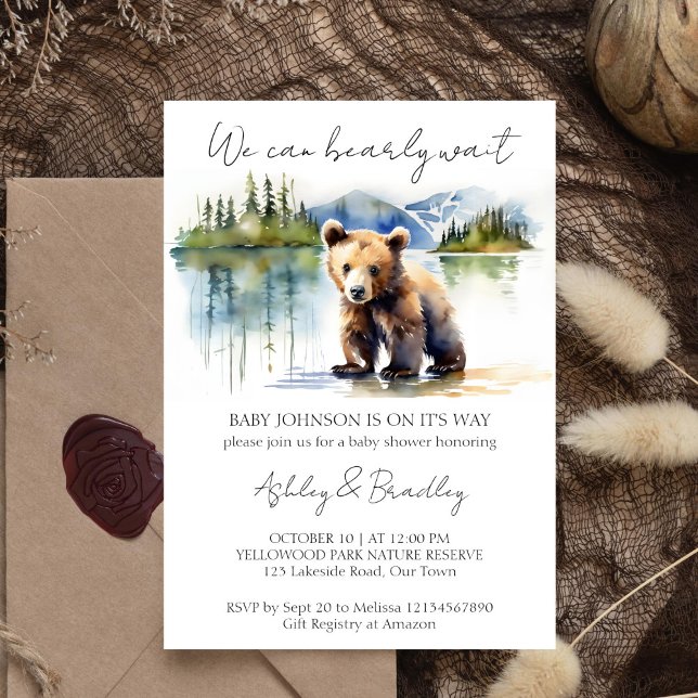 Convite Aguardar cedo a aventura do filhote espera chá de  (Bearly wait adventure national parks themed baby shower editable template invitation download cute)