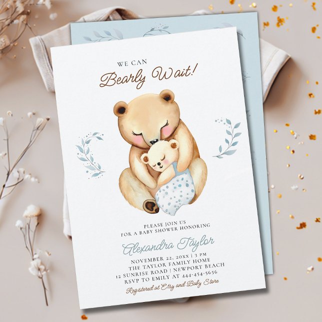 Convite Aguarde Mama Urso Cubo Woodland Chá (we can bearly wait baby boy shower invitation mama bear cub woodland forest cute sweet animal)