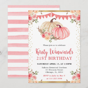 Convite Aguarela Abóboras Florais Rosa Aniversário de 21 a