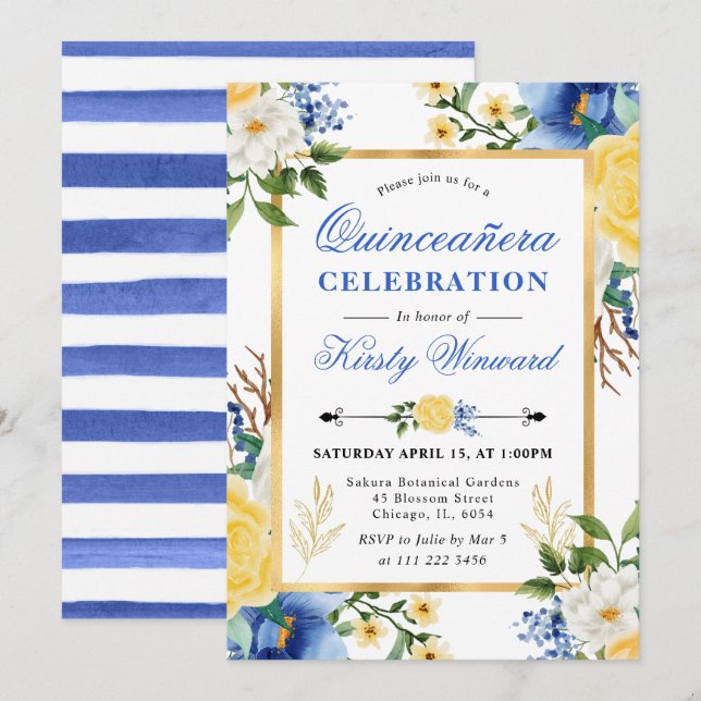 Convite Aguarela Azul e Amarelo Flores Quinceanera (Frente/Verso)