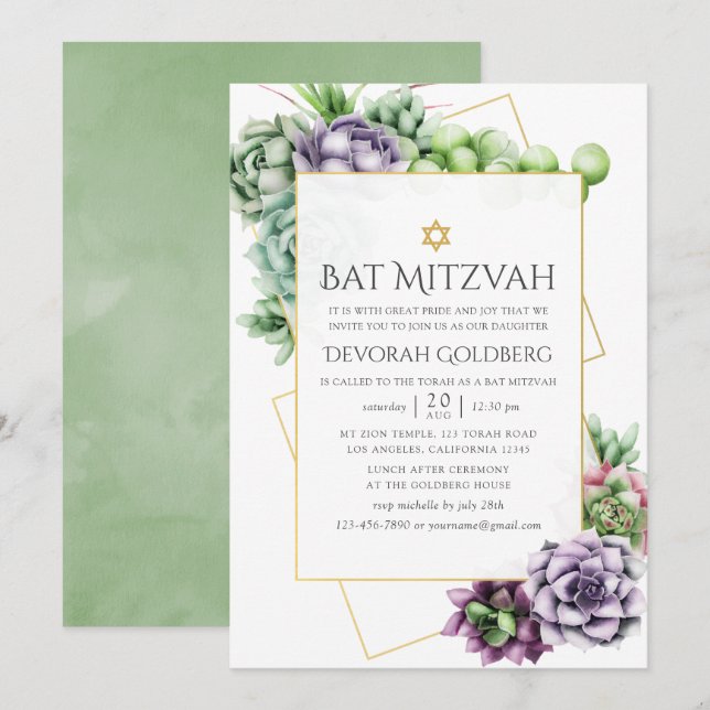 Convite Aguarela Bat Mitzvah Suculenta Geométrica (Frente/Verso)