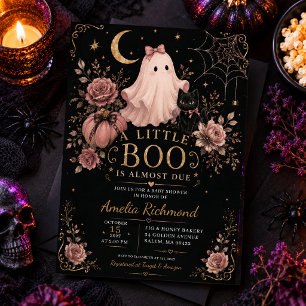 Convite aguarela boo flor abóbora fantasma laço rosa menin