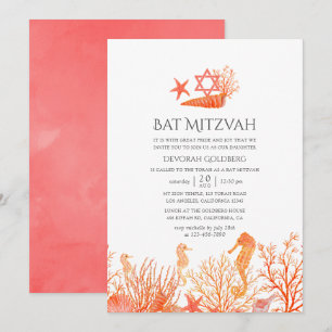 Convite Aguarela Coral Vivo Sob o Mar Bat Mitzvah