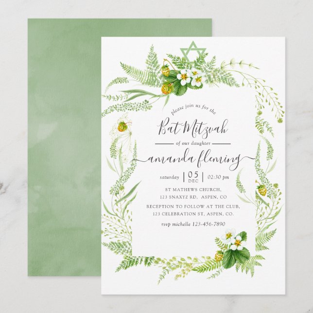 Convite Aguarela Country Rustic Verde Bat Mitzvah (Frente/Verso)