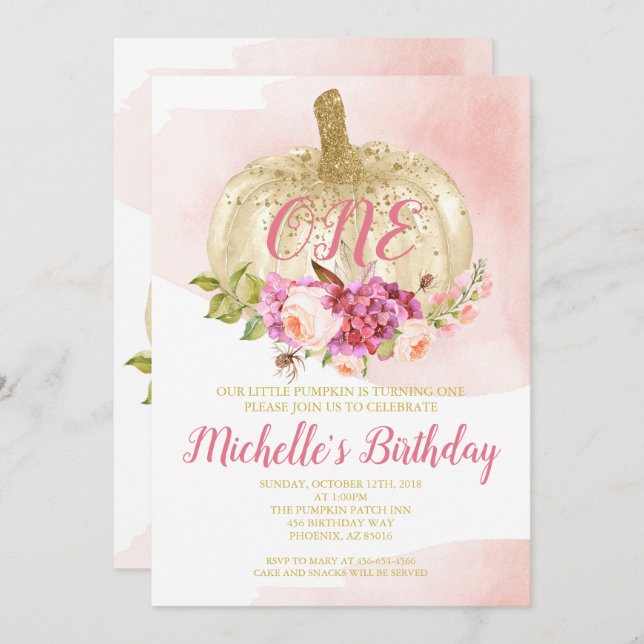 Convite Aguarela do aniversário do ouro do rosa da menina (Frente/Verso)