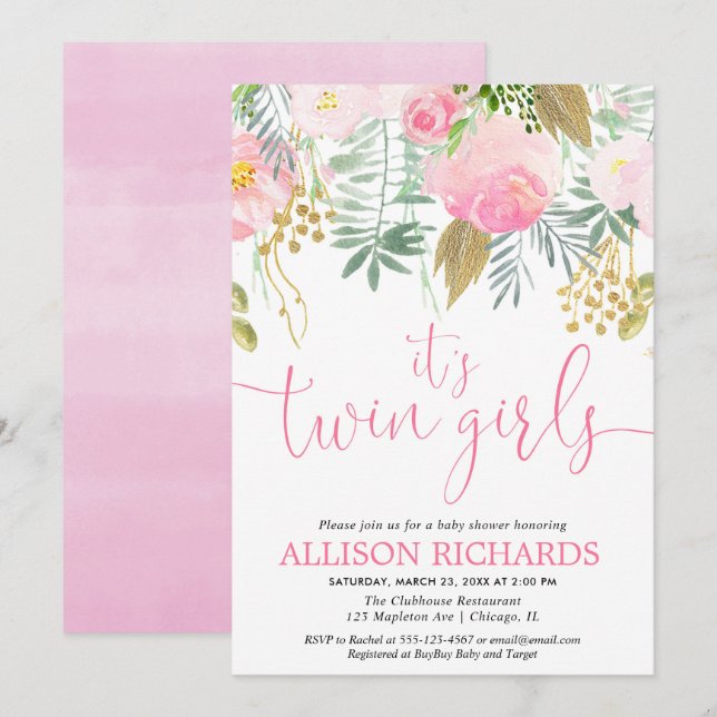 Convite Aguarela floral das hortaliças cor-de-rosa gêmeas (Frente/Verso)