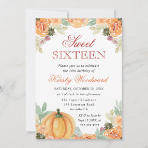 Convite Aguarela Floral de Outono Abóboras Sweet Sixteen