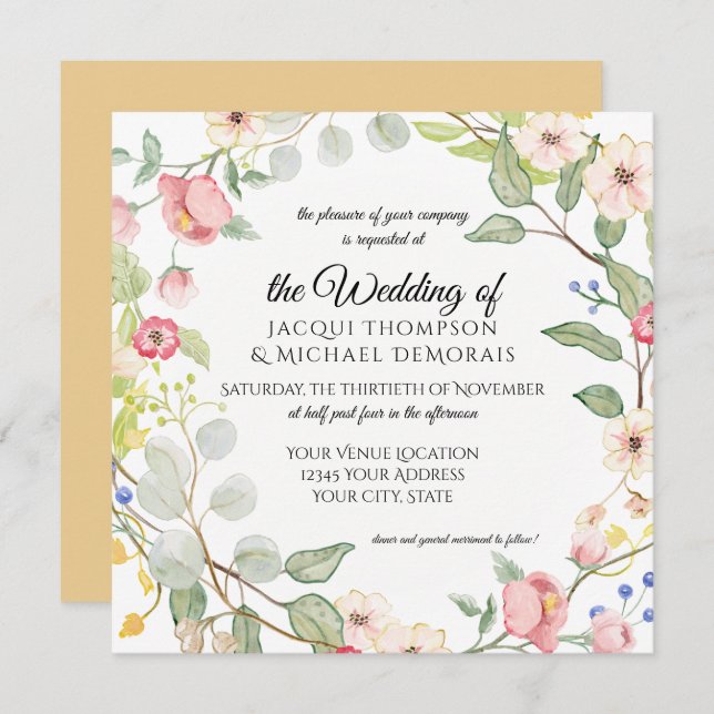 Convite Aguarela floral do rosa do ouro do outono do (Frente/Verso)