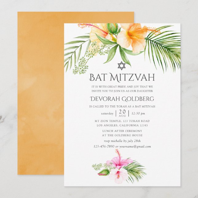 Convite Aguarela Floral Tropical Bat Mitzvah (Frente/Verso)