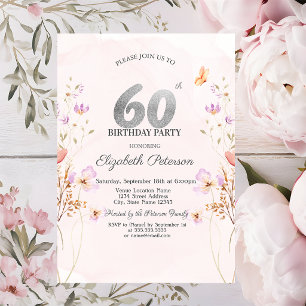 Convite Aguarela Flores Silvestres Lilás Aniversário de 60