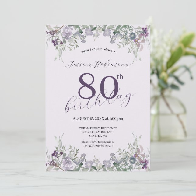 Convite Aguarela Flores Silvestres Roxo Aniversário de Oit (Em pé/Frente)