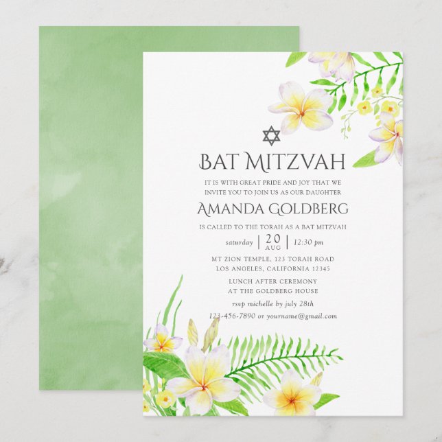 Convite Aguarela Frangipani Tropical Bat Mitzvah (Frente/Verso)