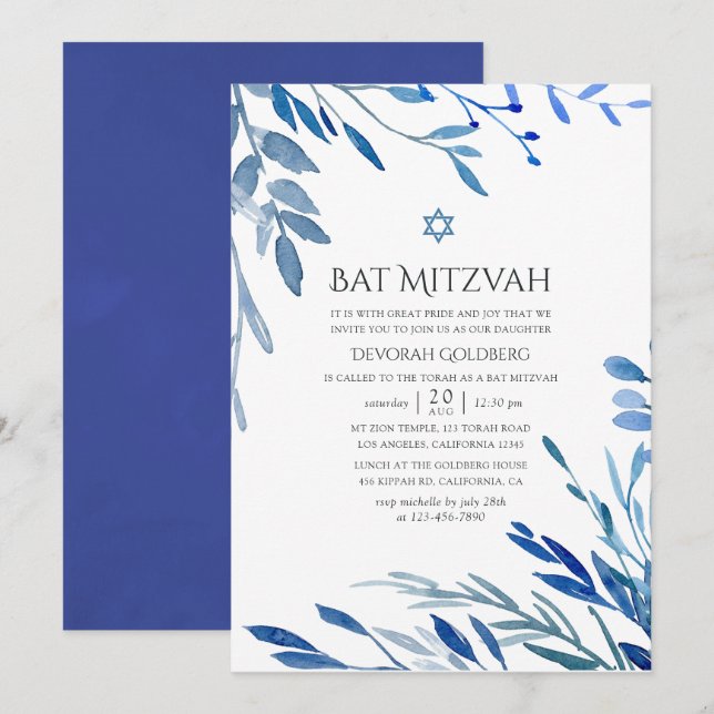 Convite Aguarela Indigo Naval Folhas Bat Mitzvah (Frente/Verso)