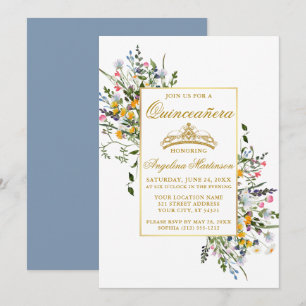 Convite Aguarela Quinceanera Flores Silvestres Azul Empoei