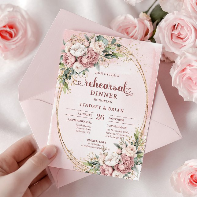 Convite Aguarela Romântica Flores Rosa Bege Ensaio  (Romantic Watercolor Blush Pink Flowers Rehearsal Invitation)