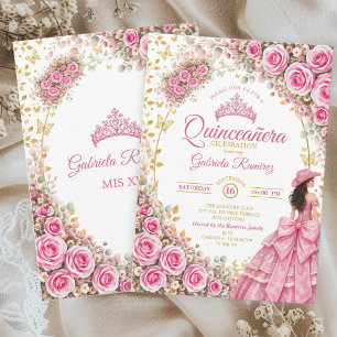 Convite Aguarela Rosas Rosa Brilhante Golden Quinceañera