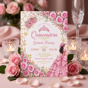 Convite Aguarela Rosas Rosa Brilhante Golden Quinceañera