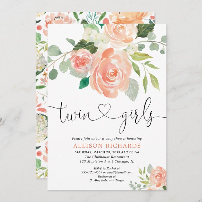 Convite Aguarelas florais do chá de fraldas gêmeo das (Frente/Verso)