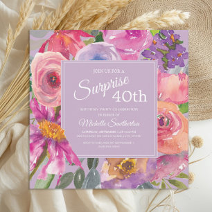 Convite Aguas Florais de Aguarela Roxo Rosa 40º Aniversári
