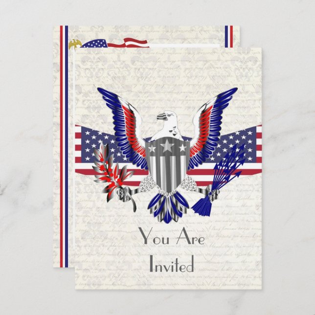 Convite Águia Patriótica Americana, bandeira e escudo (Frente/Verso)