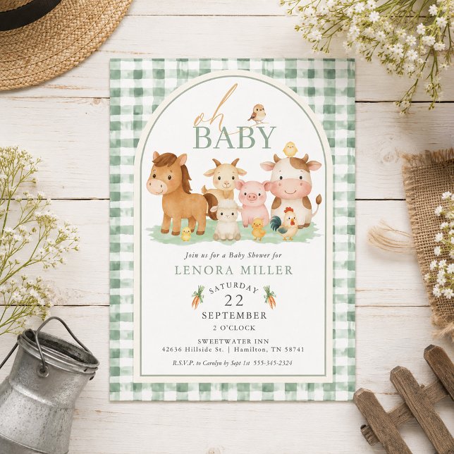 Convite Ah, Bebê! Chale de Bebê Animal de Fazenda com Xadr (Oh Baby! Green Gingham Farm Animal Baby Shower Invitation)
