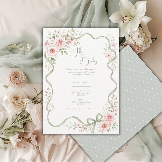 Convite Ah Bebê Faixa Floral Sage Quadro Chamada de Bebê (Criador carregado)