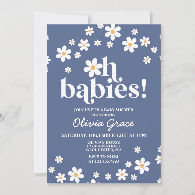 Convite Ah Bebês! Daisy azul marinho Chamada de Bebê (Frente)