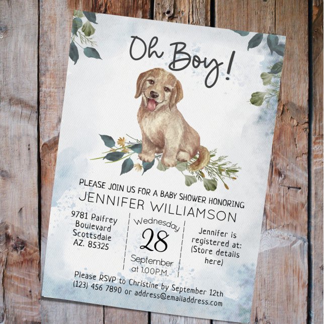 Convite Ah, garoto! Chá de fraldas de Aquarela Moderna Pup (Oh Boy! Labrador Puppy Dog Baby Shower invitation)