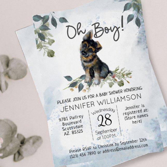 Convite Ah Menino! Chuveiro de Bebê em Aquarela do Cachorr (Oh Boy! Dog boy baby shower. German Shepherd Puppy.)