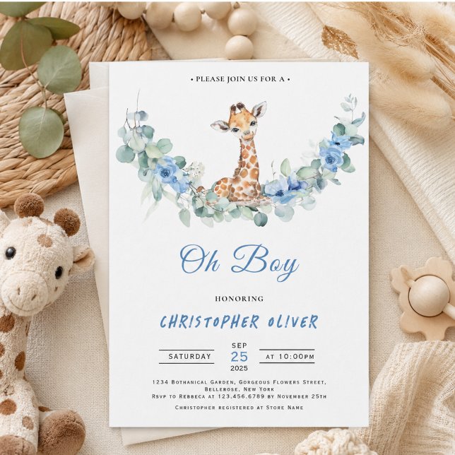 Convite Ah Menino! Chuvinha de Bebê Girafa (Oh Boy! Baby Giraffe Baby Shower Invitation)