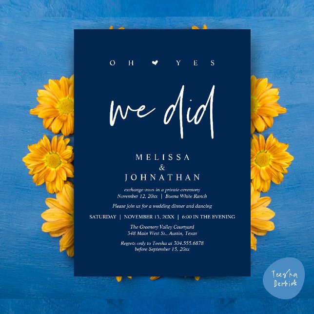 Convite Ah, Sim, Nós Fizemos, Jantar de Casamento Intimo M (Oh Yes, We Did, Modern Wedding Elopement Dinner Modern Clean Invitation Card PDF in Navy Blue)
