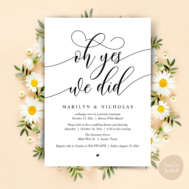 Convite Ah Sim, Nós Fizemos, Jantar de Elopement de Casame (Oh Yes, We Did, Wedding Elopement Dinner Romantic Modern Party Invitation Card PDF Black White)