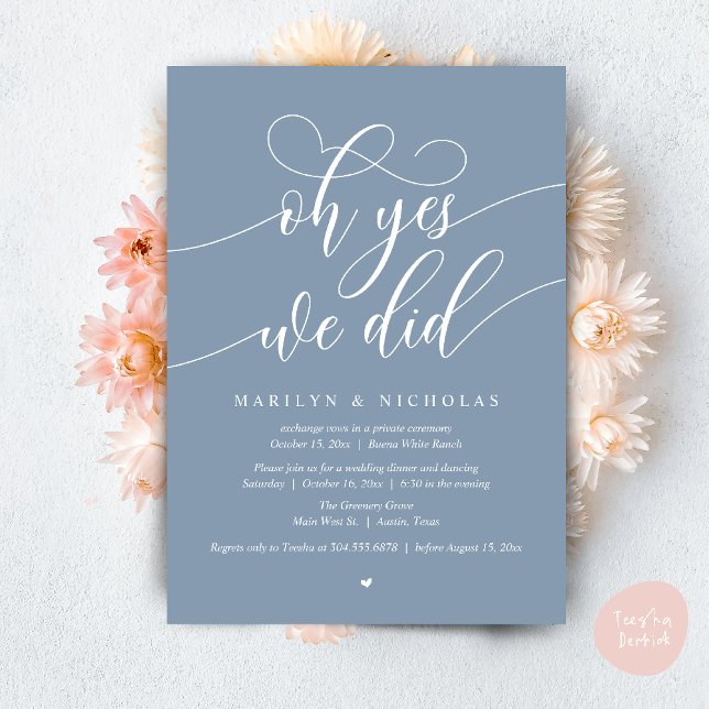 Convite Ah Sim, Nós Fizemos, Jantar de Festa de Casamento  (Oh Yes, We Did, Wedding Elopement Dinner Romantic Modern Party Invitation Card PDF Dusty Blue)