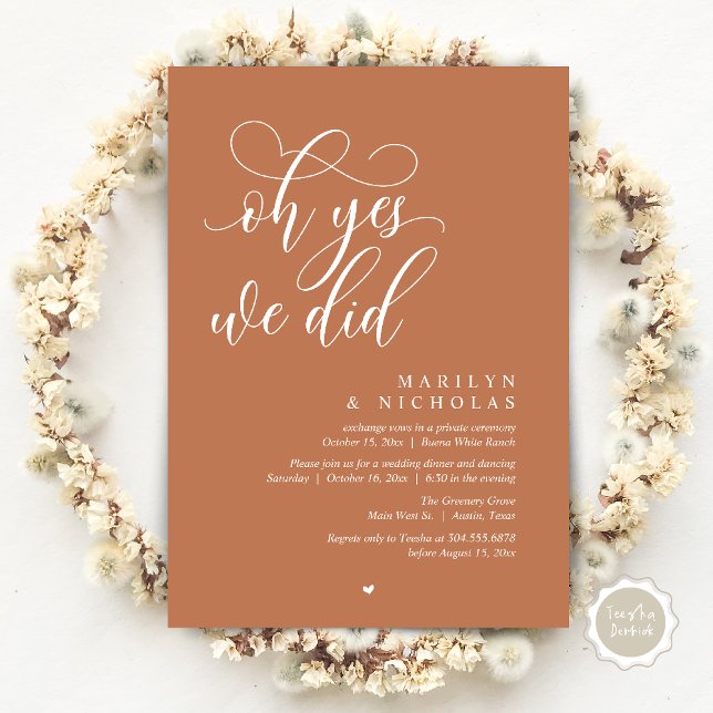 Convite Ah Sim, Nós Fizemos, Jantar de Festa de Casamento  (Oh Yes, We Did, Wedding Elopement Dinner Romantic Modern Party Invitation Card PDF Copper Brown)